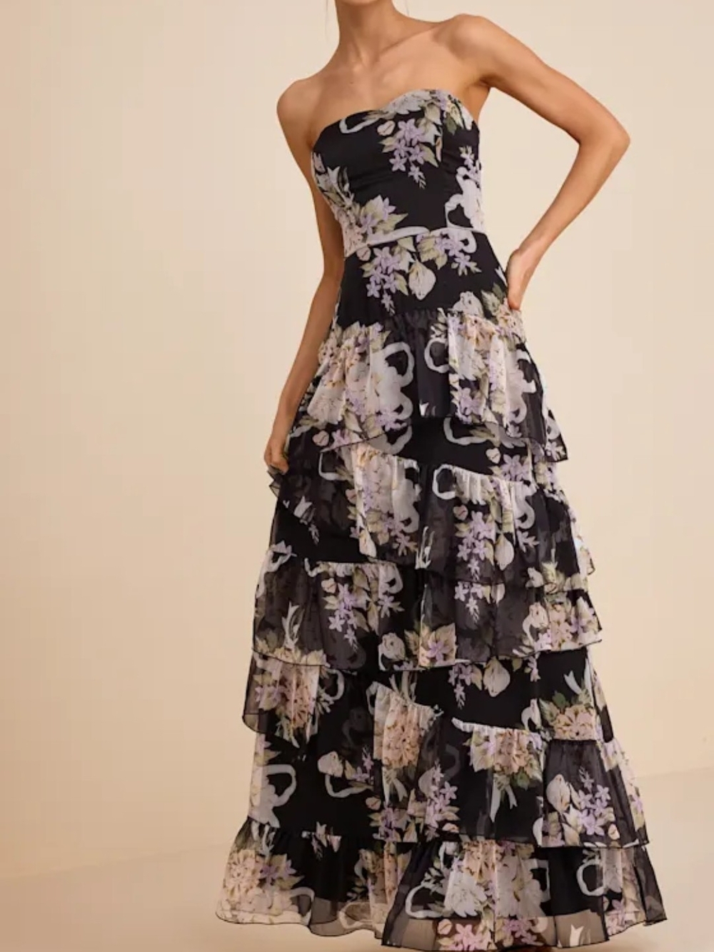 Lulu's Black Strapless Tiered Floral Maxi Dress